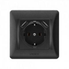 VIDEX BINERA Розетка одинарна із заземленням + 2USB чорний графіт (VF-BNSK1GU2-BG)