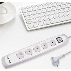 ELECTRALINE Подовжувач з плоскою вилкою 2USB порт 3х1мм2/2м 5роз. біло-сірий
