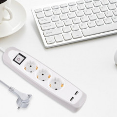 ELECTRALINE Подовжувач побутовий плоск. вилка 2USB порт 3х1мм2 2м 3роз. біло-сірий